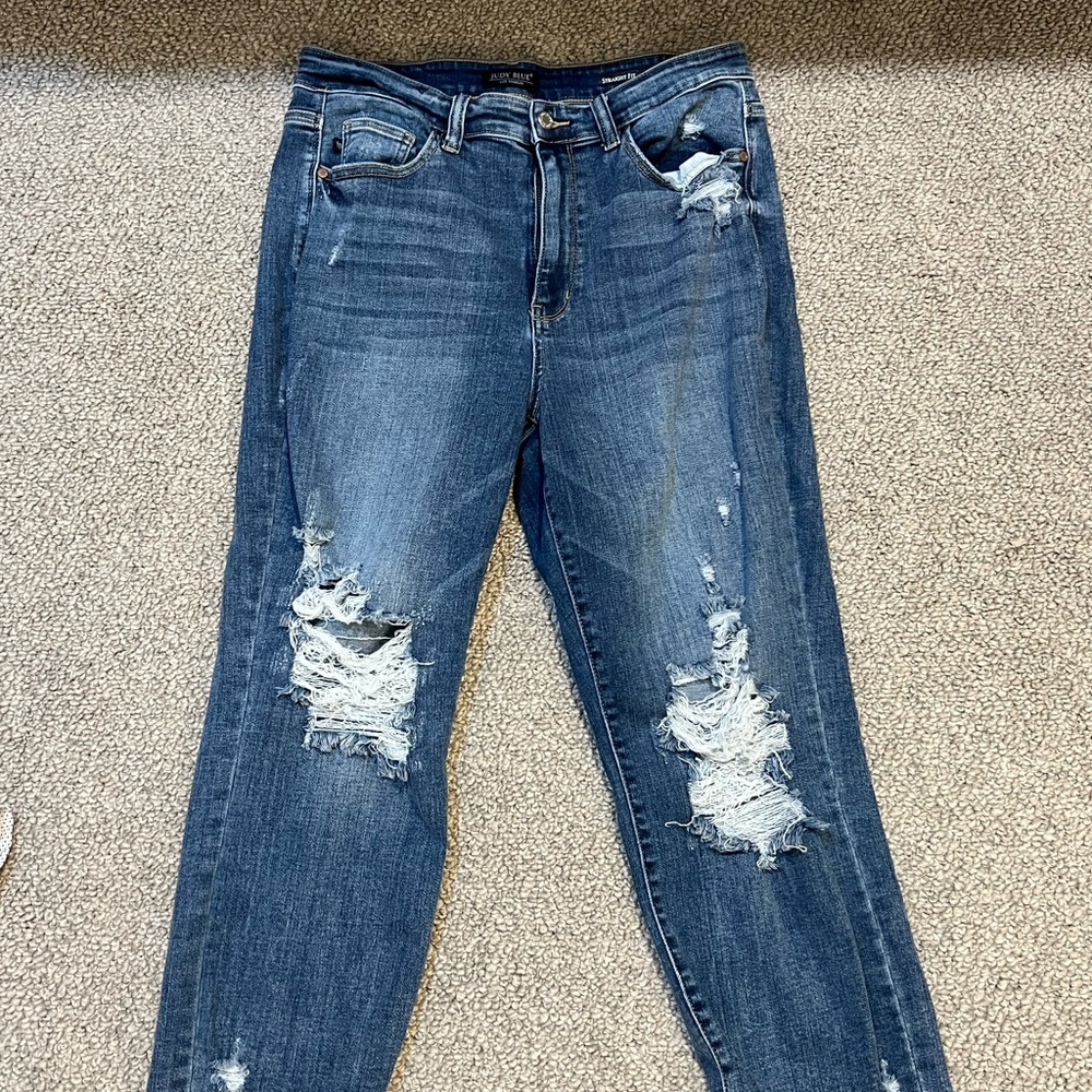 Judy Blue Ripped Straight Leg Jeans - Dark Blue